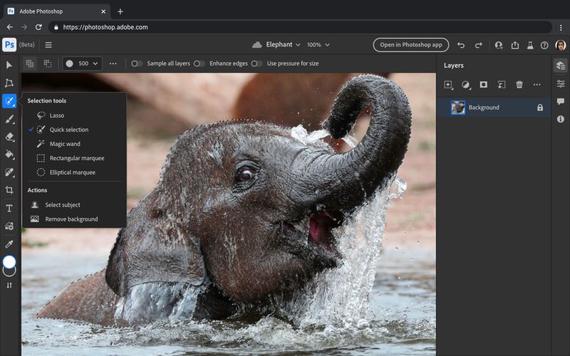 A screenshot of Photoshop running in a web-browser, featuring a happy looking elephant