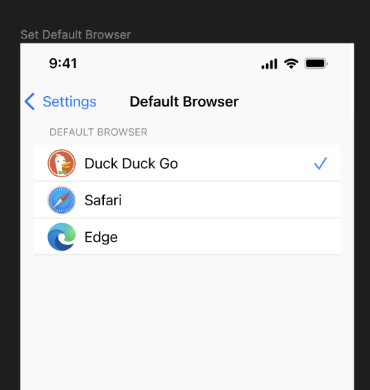 Example of a settings page with a list of defaut browsers
