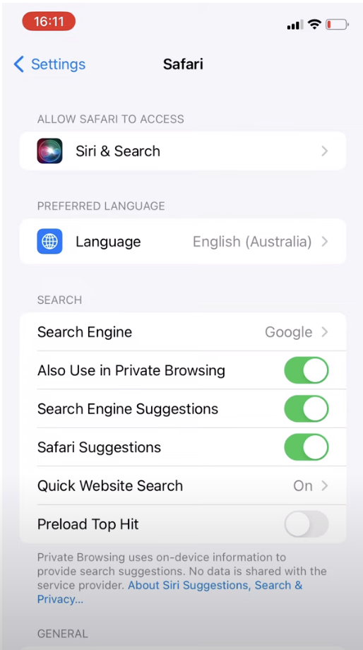 Safari's settings screen not showing the default browser choice