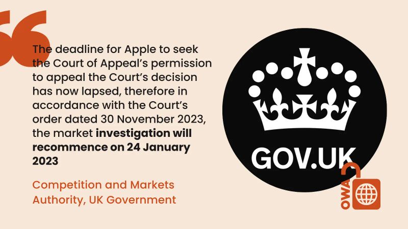 The deadline for Apple to seek the Court of Appeal’s permission to appeal the Court’s decision has now lapsed, therefore in accordance with the Court’s order dated 30 November 2023, the market investigation will recommence on 24 January 2023. Competition and Markets Authority, UK Government