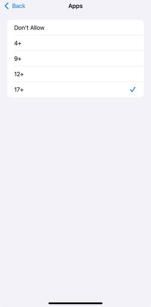 The age restrictions settings page on iOS. It has the title apps and 5 settings. The settings are Don't Allow, 4+, 9+, 12+, 17+. The 17+ setting is ticked