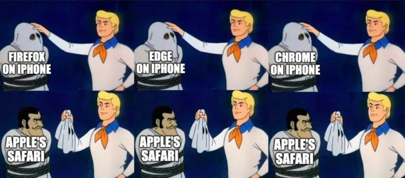 Fred from Scooby Doo with a masked figure and text 'Firefox on iPhone'. Fred removes the mask to reveal the villain headed 'Apple's Safari'. Then the same with Edge on iPhone and Chrome on iPhone.
