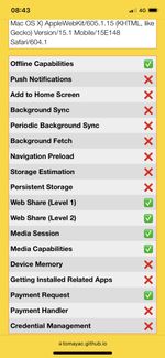 Safari (iOS) progressive web app feature detector results showing 6/18 feature support