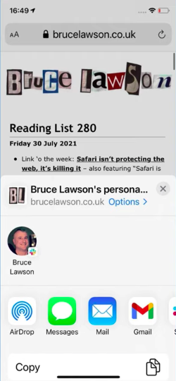 An example of the iOS share panel open at the bottom of the screen with various share options