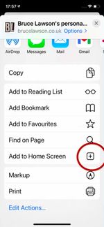 A circled example of the Add to Home Screen action in the iOS Safari share drawer