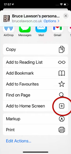 A circled example of the Add to Home Screen action in the iOS Safari share drawer
