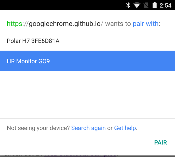 An Android screenshot showing device options to pair with, for a webpage, with a "PAIR" primary action