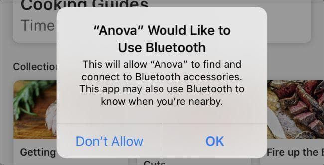iOS screenshot showing a prompt asking if the application can use Bluetooth
