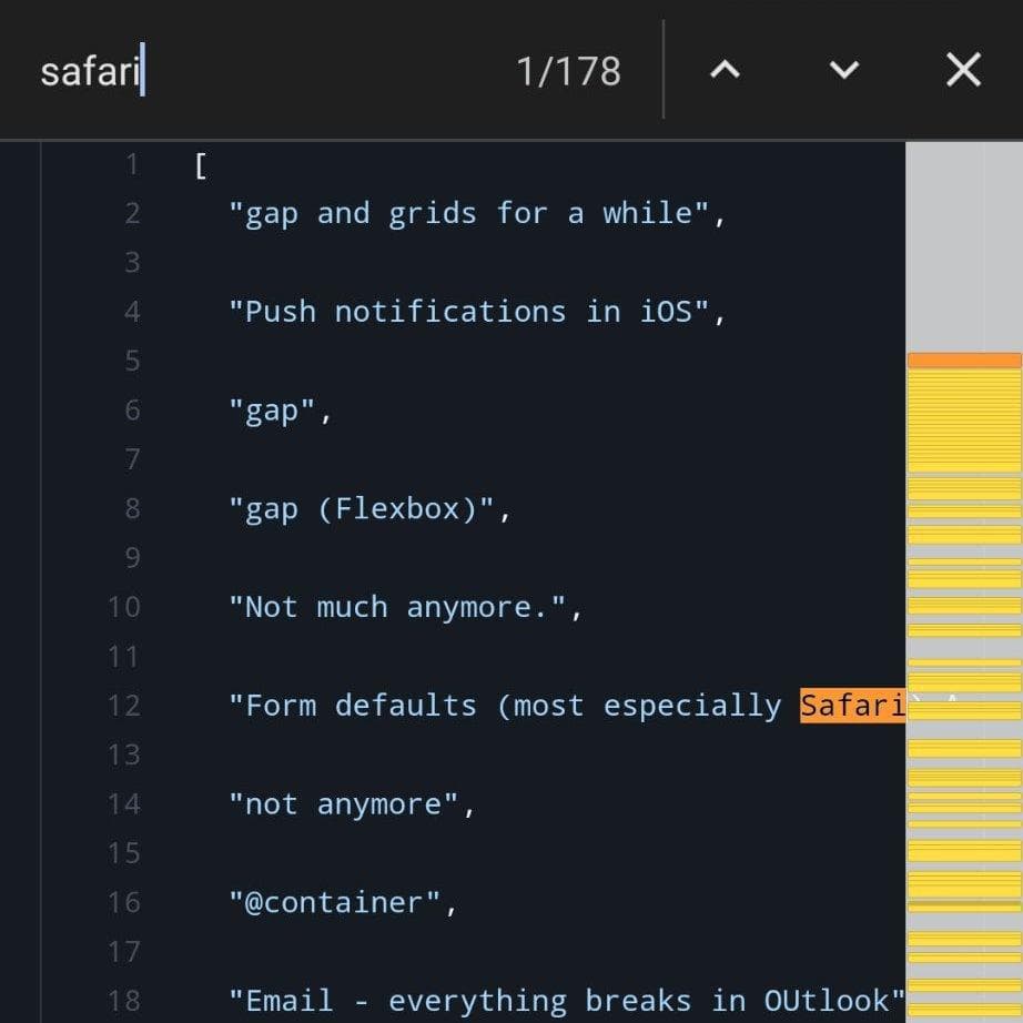 Text file view showing a large amount of matches for the term "Safari"