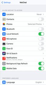 A view of the iOS permission settings screen for WeChat showing toggles for many iOS features