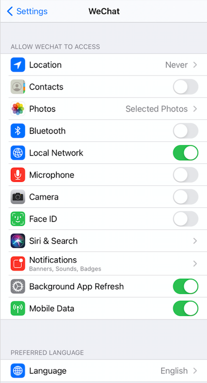 A view of the iOS permission settings screen for WeChat showing toggles for many iOS features